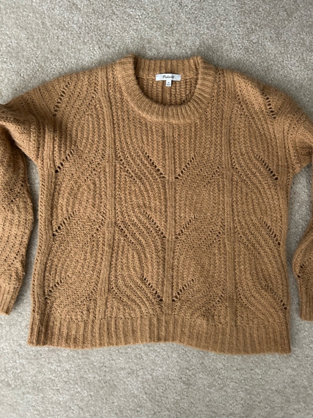 Madewell Alpaca Blend Camel Knit Crewneck with Open Stitch Cable size XS